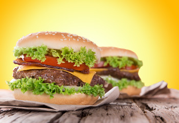 delicious hamburger on wood