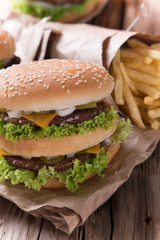 delicious hamburger on wood