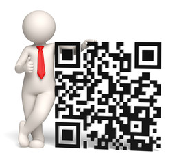3d business man showing thumbs up near a QR code