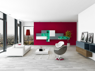 Living room interior with red wall and modern furniture