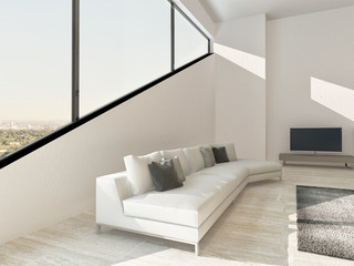 Modern living rom interior with white couch and angular window