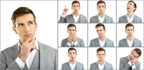 Collage of handsome emotional man isolated on white