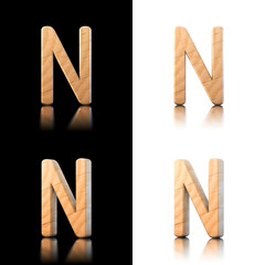 Three dimensional wooden letter N. Isolated on white and black.