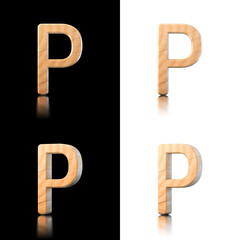 Three dimensional wooden letter P. Isolated on white and black.