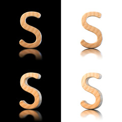 Naklejka premium Three dimensional wooden letter S. Isolated on white and black.