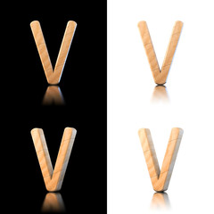 Three dimensional wooden letter V. Isolated on white and black.