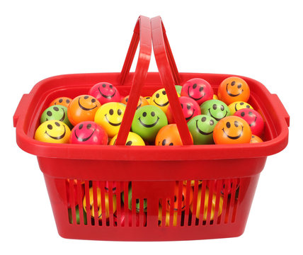 Red Shopping Basket Full Of Smiley Balls