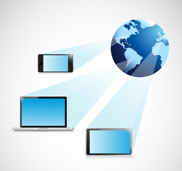 laptop, tablet, and phone global connection
