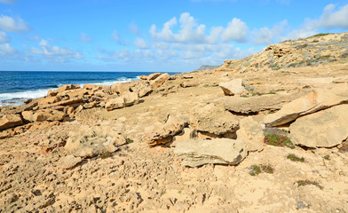 Fototapeta na wymiar yellow rocks by the shore