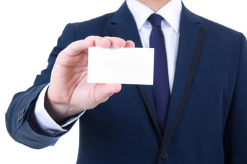 close up of visiting card in male hand isolated on white