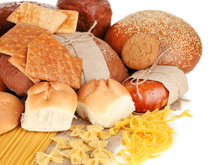 Tasty flour products isolated on white