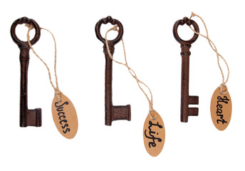 Keys to happiness, Conceptual photo. Isolated on white