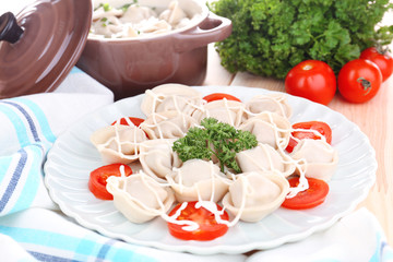 Meat dumplings - russian boiled pelmeni close up