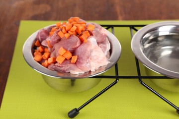 Natural food for pets and water in bowls on floor