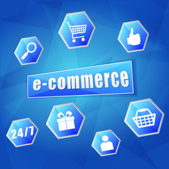 e-commerce and business internet signs in hexagons