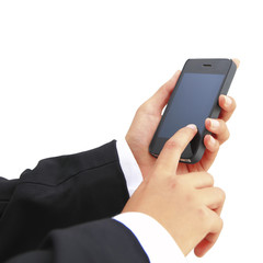 Hand holding mobile smart phone with blank screen.