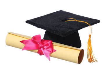 Black Graduation Cap with Degree isolated on White Background