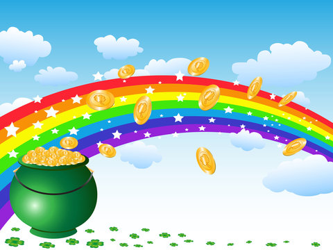 pot of gold coins and rainbow on the sky