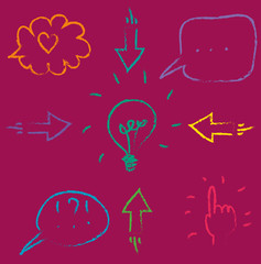 vector set of icons, outline of speech bubbles, arrows, hand