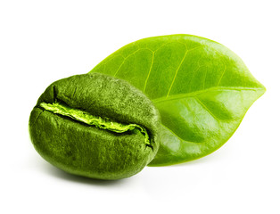 Green coffee bean with leaf isolated on white background.