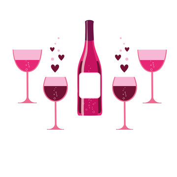 vector pink wine glasses and bottle