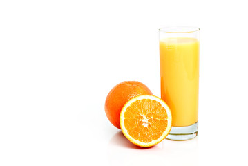 Orange juice and fruits isolated on white