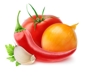 Isolated vegetables. Fresh tomato, onion, pepper and garlic (ketchup ingredients) isolated on white background