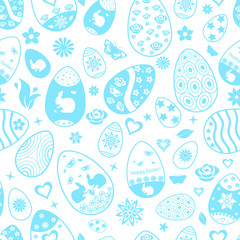 Seamless pattern of Easter eggs, light blue on white