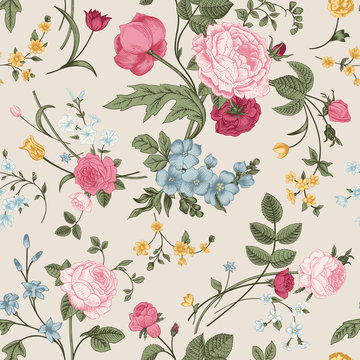 Seamless vector pattern with Victorian bouquet
