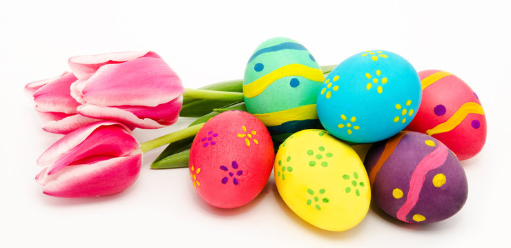 Colorful Easter Eggs And Flowers Isolated On A White