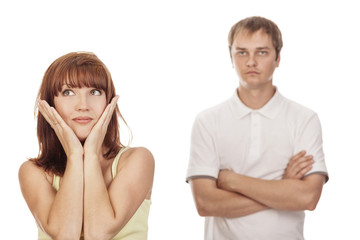 Close-up portrait of young couple,isolated on white background.
