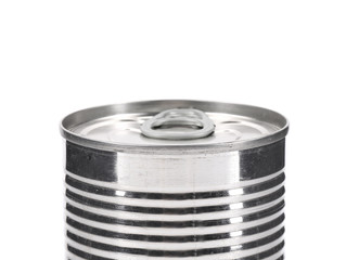 Aluminum tin can on a white background.