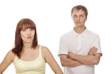 Close-up portrait of young couple,isolated on white background.