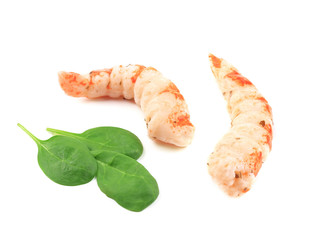 Cooked unshelled shrimps with basil.