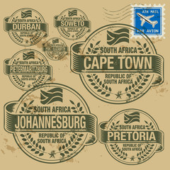 Naklejka premium Grunge rubber stamp set with names of South Africa cities