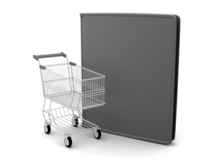 Shopping cart and black leather wallet on white background