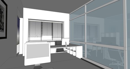 the modern office interior design sketch (3d render)