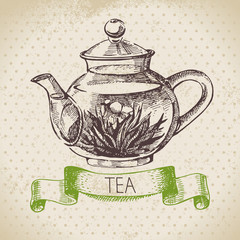 Tea vintage background. Hand drawn sketch illustration
