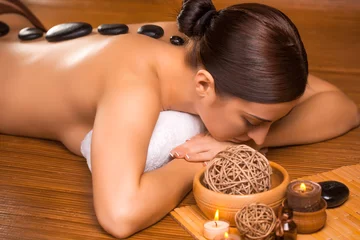Printed roller blinds Massage parlor beautiful brunette in a massage parlor