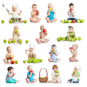 set of babies and kids eating apples, isolated on white