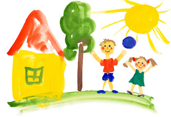 children playing near the house. watercolor drawing