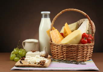 Basket with tasty dairy products