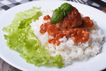 rice with meatballs, tomato sauce and lettuce. horizontal