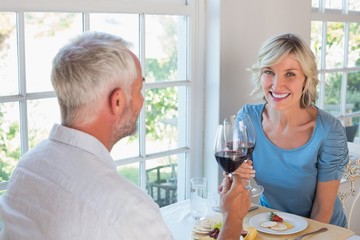 Portrait of a mature couple toasting wine glasses over food