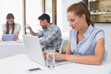 Woman using laptop in coffee shop