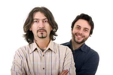 Two casual young men portrait isolated on white background