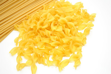 Perciatelli Pasta and Egg Noodles Over White