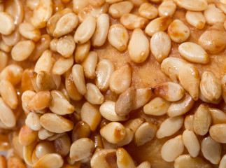 sesame seeds on a bun. macro