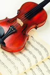Fototapeta premium Vintage violin on sheet music background