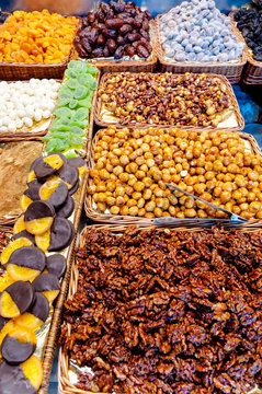Nuts in shop in La Boqueria Market at Barcelona
